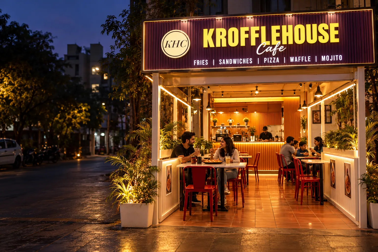 Krofflehouse Cafe at night: lit plum signboard, red chairs and guests at the tables