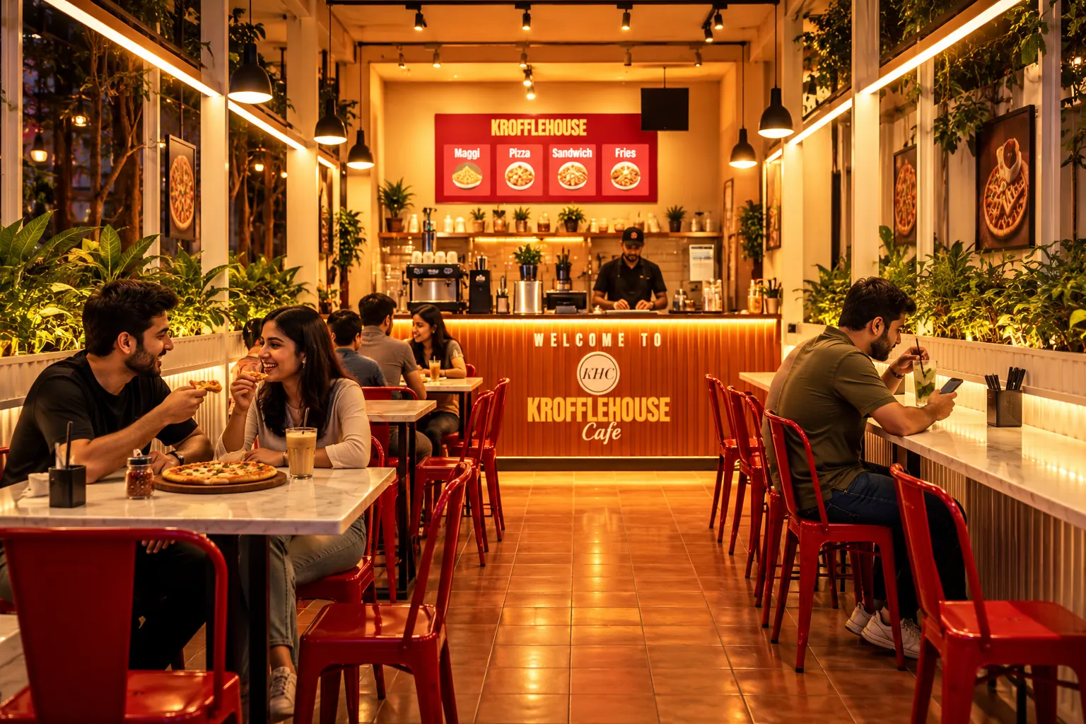 Inside the walkway: friends sharing pizza at marble tables, the counter glowing at the back