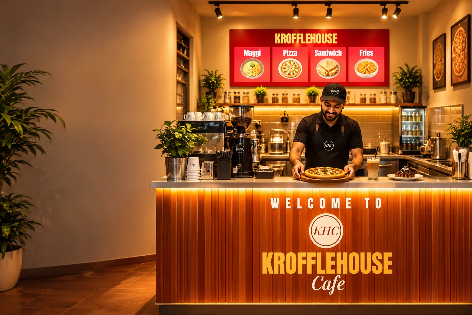 The Krofflehouse counter, a cook setting down a fresh pizza